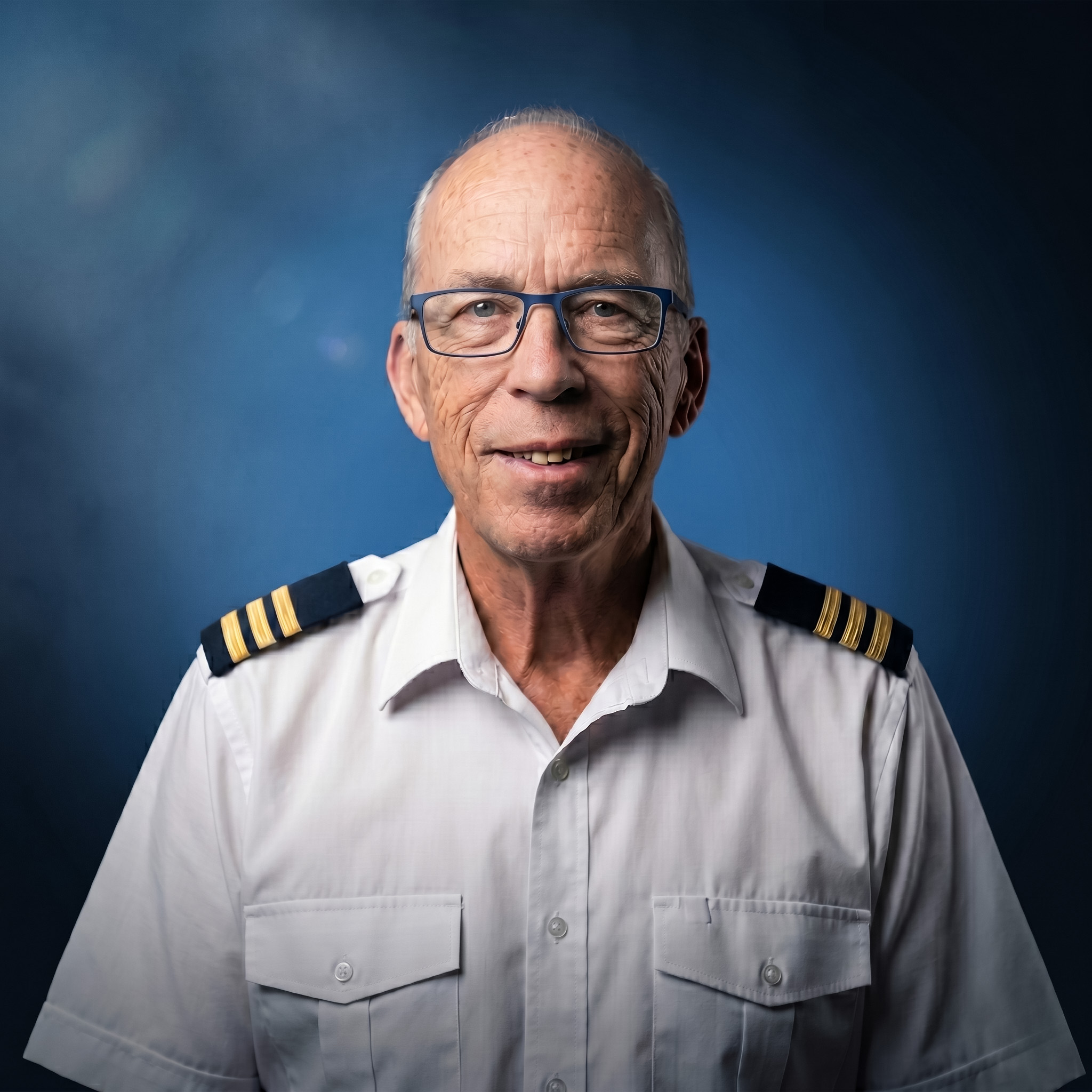 Portrait of Pete Schuil, smiling, wearing a captain's shirt with four gold bars and navy glasses